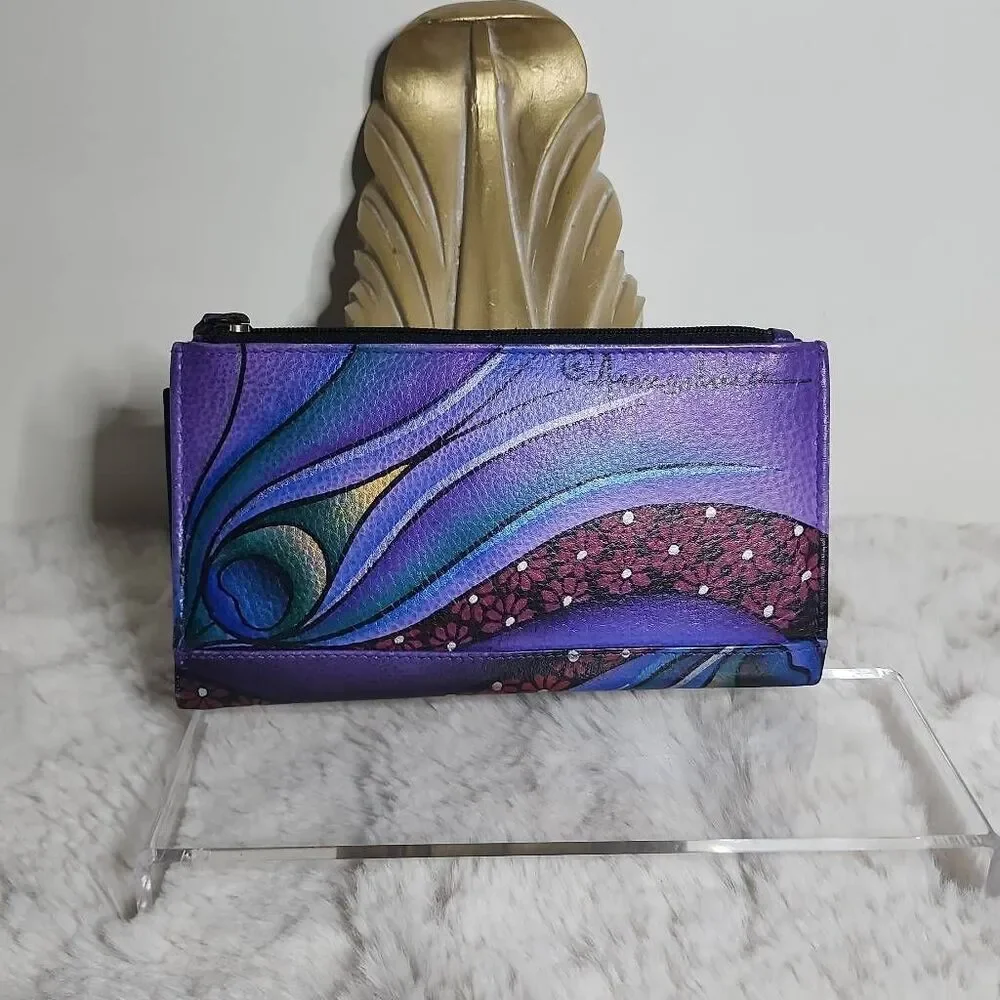 Anna by Anuschka Hand Painted Leather  Clutch Wallet "Dreamy Peacock Dewberry" - Picture 2 of 8